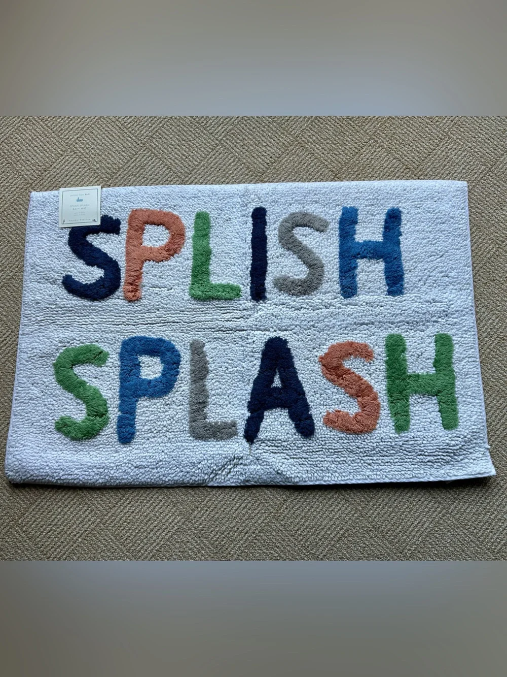 2 Pottery Barn Kids White Bath Mats with Multicolor 'SPLISH SPLASH' Lettering